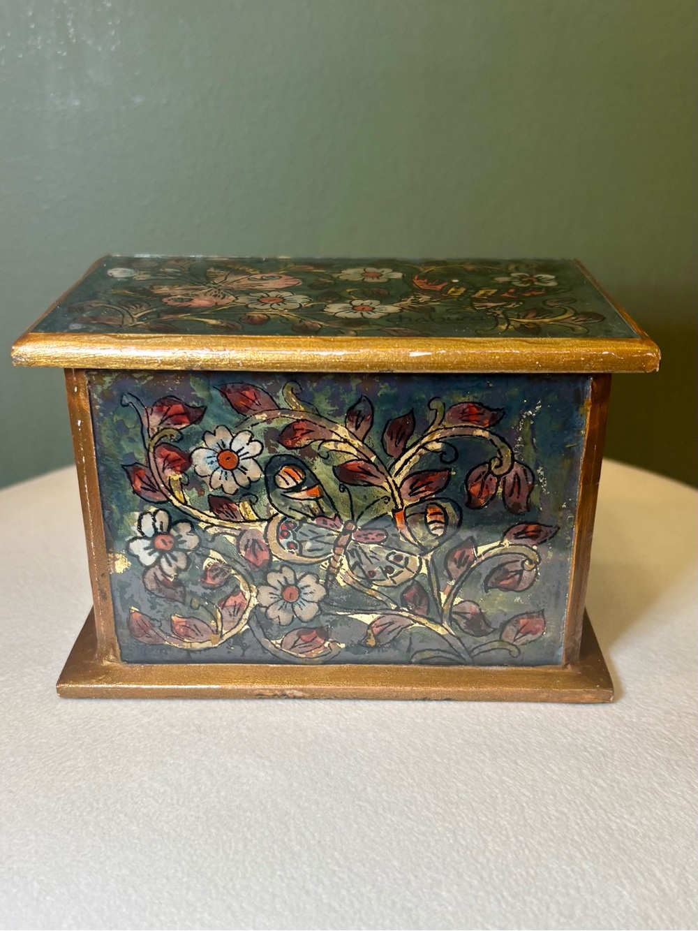 Hand-Painted Floral Trinket Box in Multi-Color with Gold Trim